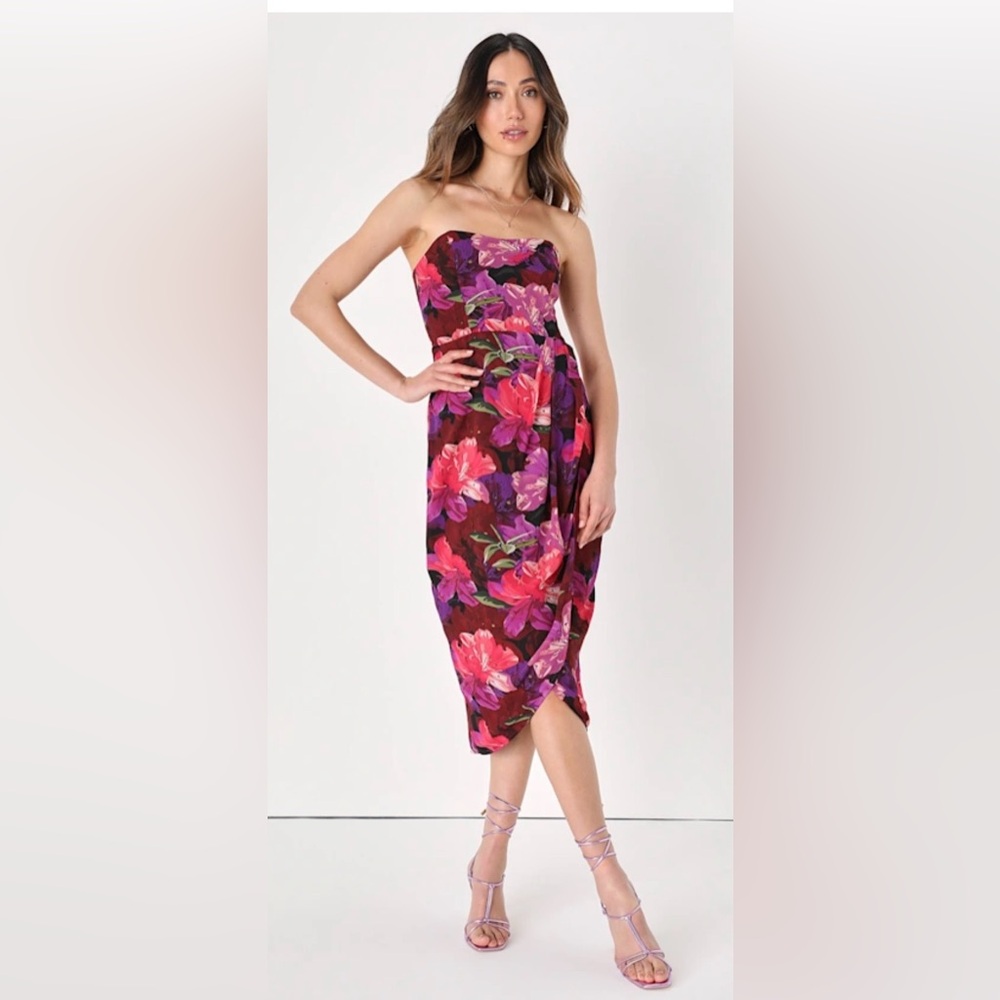 Lulus Effortless Charm Burgundy Multi Floral Strapless Tulip Midi Dress